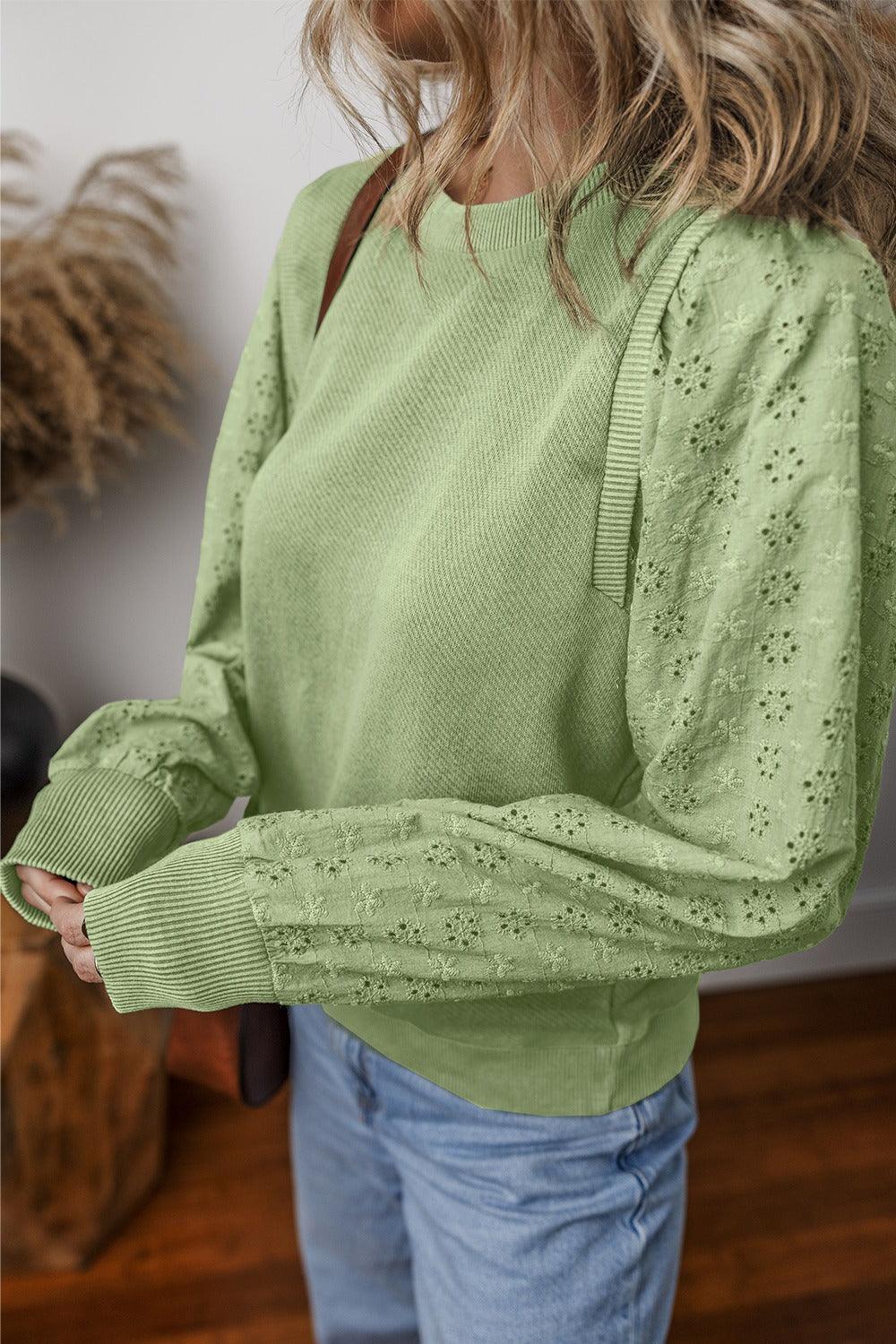 Eyelet Round Neck Long Sleeve Sweatshirt - Bona Fide Fashion