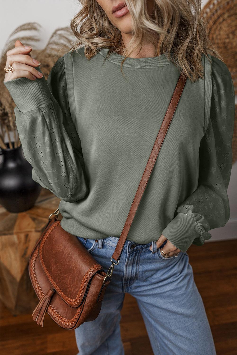 Eyelet Round Neck Long Sleeve Sweatshirt - Bona Fide Fashion