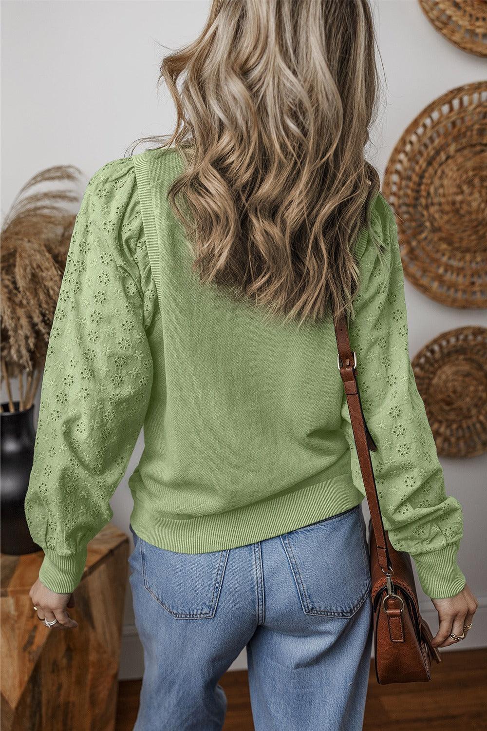 Eyelet Round Neck Long Sleeve Sweatshirt - Bona Fide Fashion