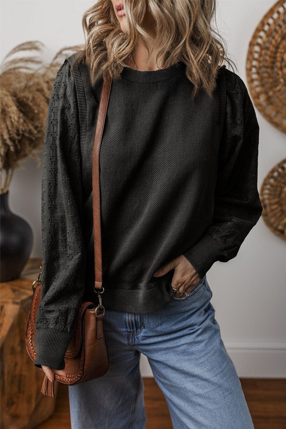 Eyelet Round Neck Long Sleeve Sweatshirt - Bona Fide Fashion