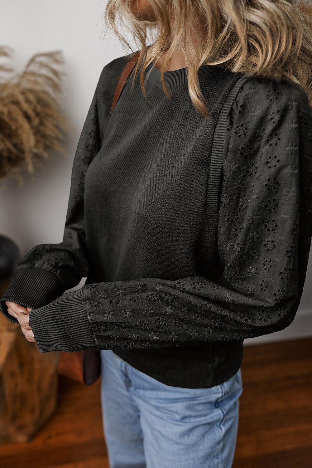 Eyelet Round Neck Long Sleeve Sweatshirt - Bona Fide Fashion