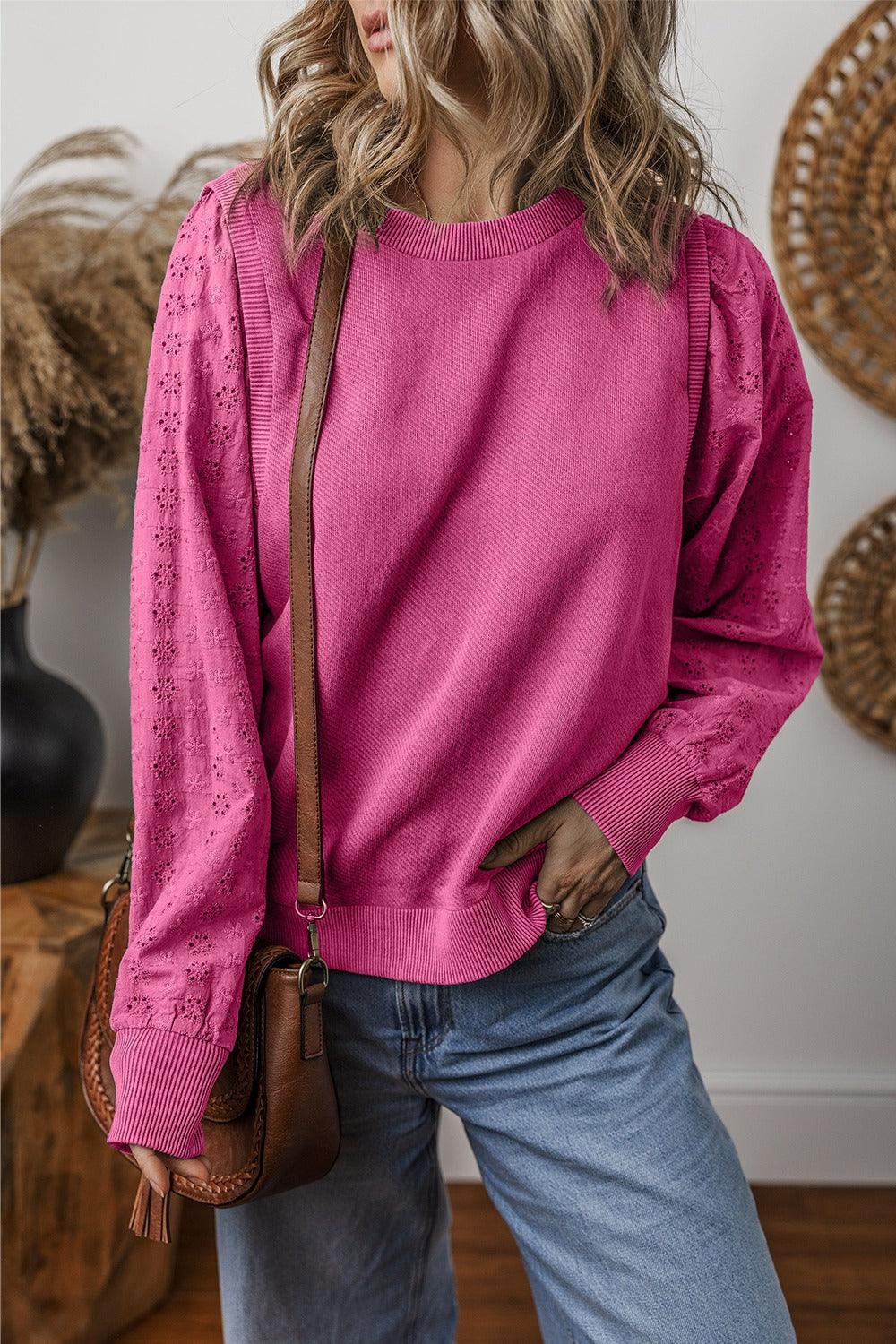 Eyelet Round Neck Long Sleeve Sweatshirt - Bona Fide Fashion