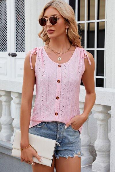 Eyelet Round Neck Wide Strap Tank - Bona Fide Fashion