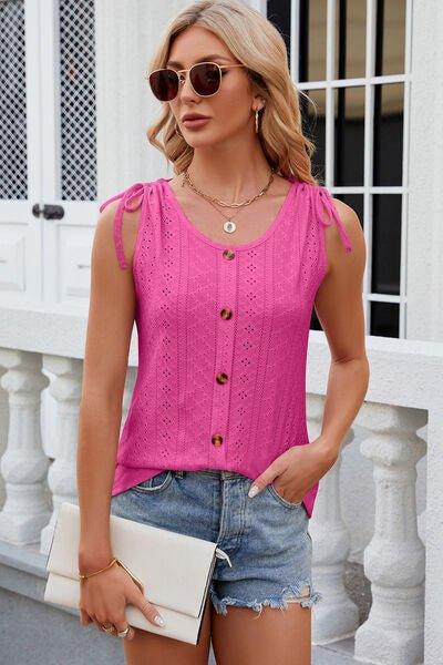 Eyelet Round Neck Wide Strap Tank - Bona Fide Fashion