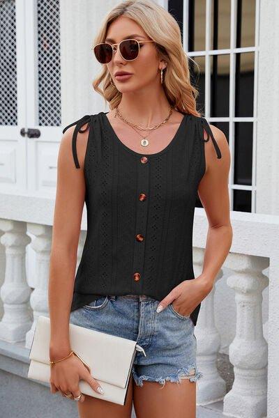 Eyelet Round Neck Wide Strap Tank - Bona Fide Fashion