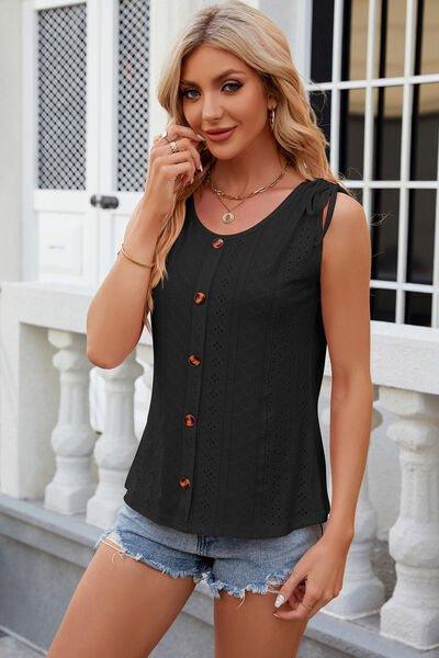 Eyelet Round Neck Wide Strap Tank - Bona Fide Fashion