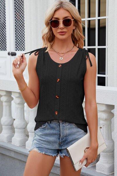 Eyelet Round Neck Wide Strap Tank - Bona Fide Fashion