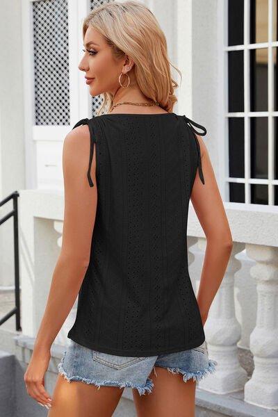 Eyelet Round Neck Wide Strap Tank - Bona Fide Fashion