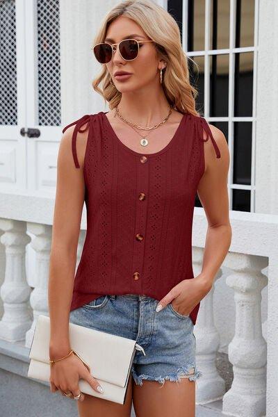 Eyelet Round Neck Wide Strap Tank - Bona Fide Fashion