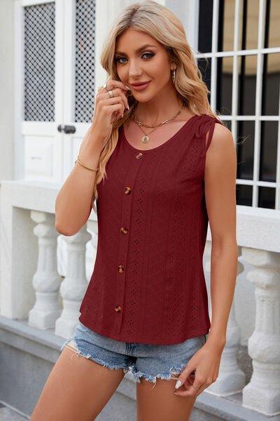 Eyelet Round Neck Wide Strap Tank - Bona Fide Fashion