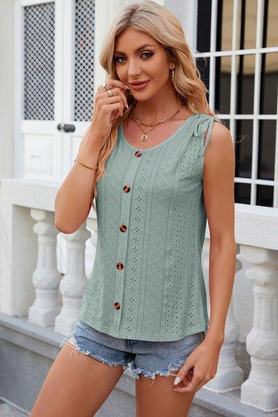 Eyelet Round Neck Wide Strap Tank - Bona Fide Fashion