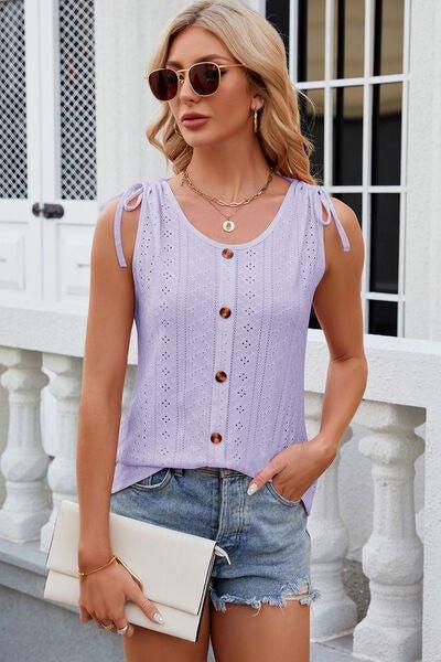 Eyelet Round Neck Wide Strap Tank - Bona Fide Fashion