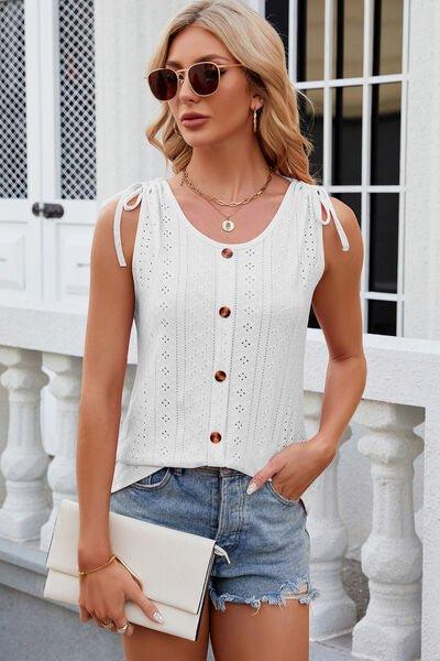 Eyelet Round Neck Wide Strap Tank - Bona Fide Fashion