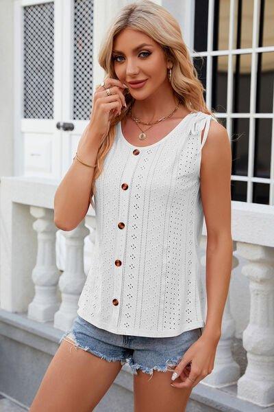 Eyelet Round Neck Wide Strap Tank - Bona Fide Fashion