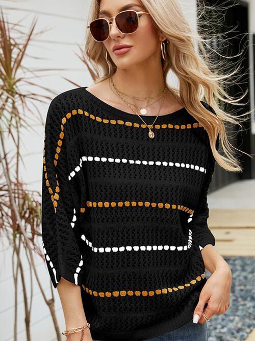 Eyelet Striped Round Neck Knit Top - Bona Fide Fashion