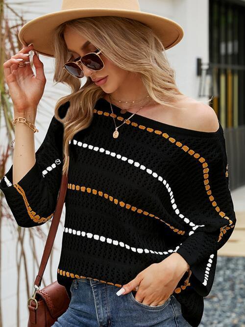 Eyelet Striped Round Neck Knit Top - Bona Fide Fashion