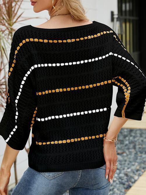 Eyelet Striped Round Neck Knit Top - Bona Fide Fashion