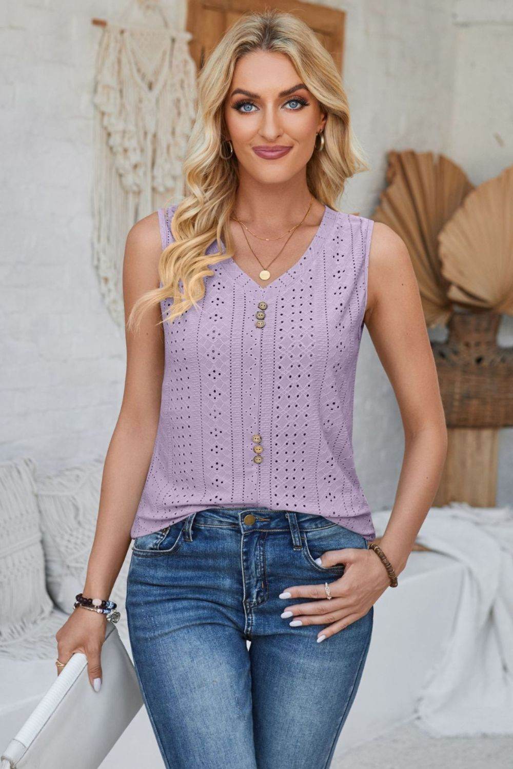 Eyelet Decorative Button V-Neck Tank - Bona Fide Fashion