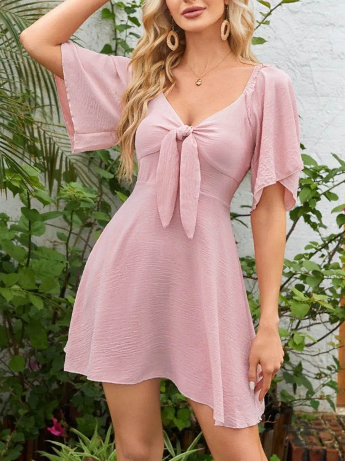 Smocked Back Knotted Flutter Sleeve Dress - Bona Fide Fashion