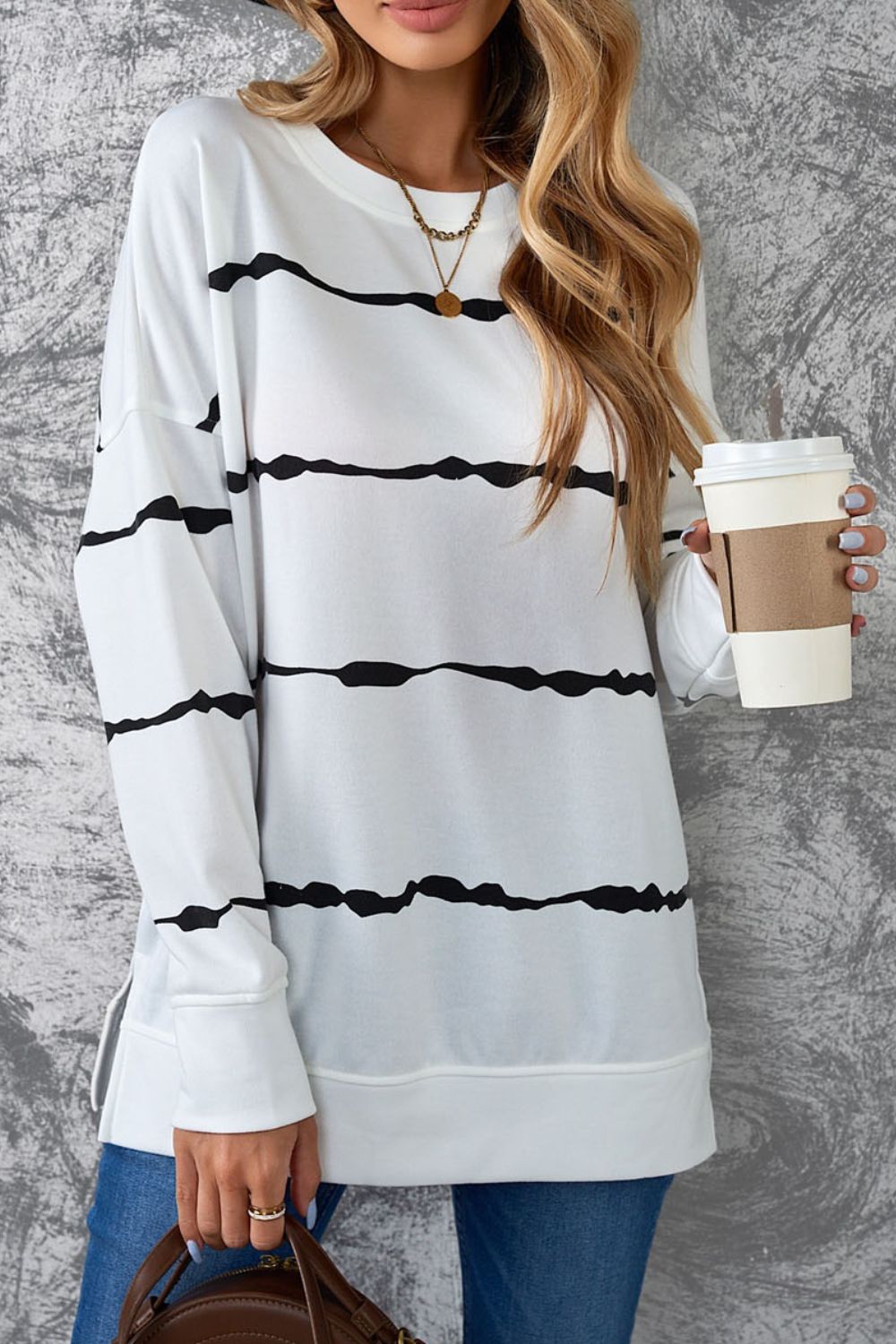 Slit Contrast Striped Round Neck Long Sleeve T-Shirt