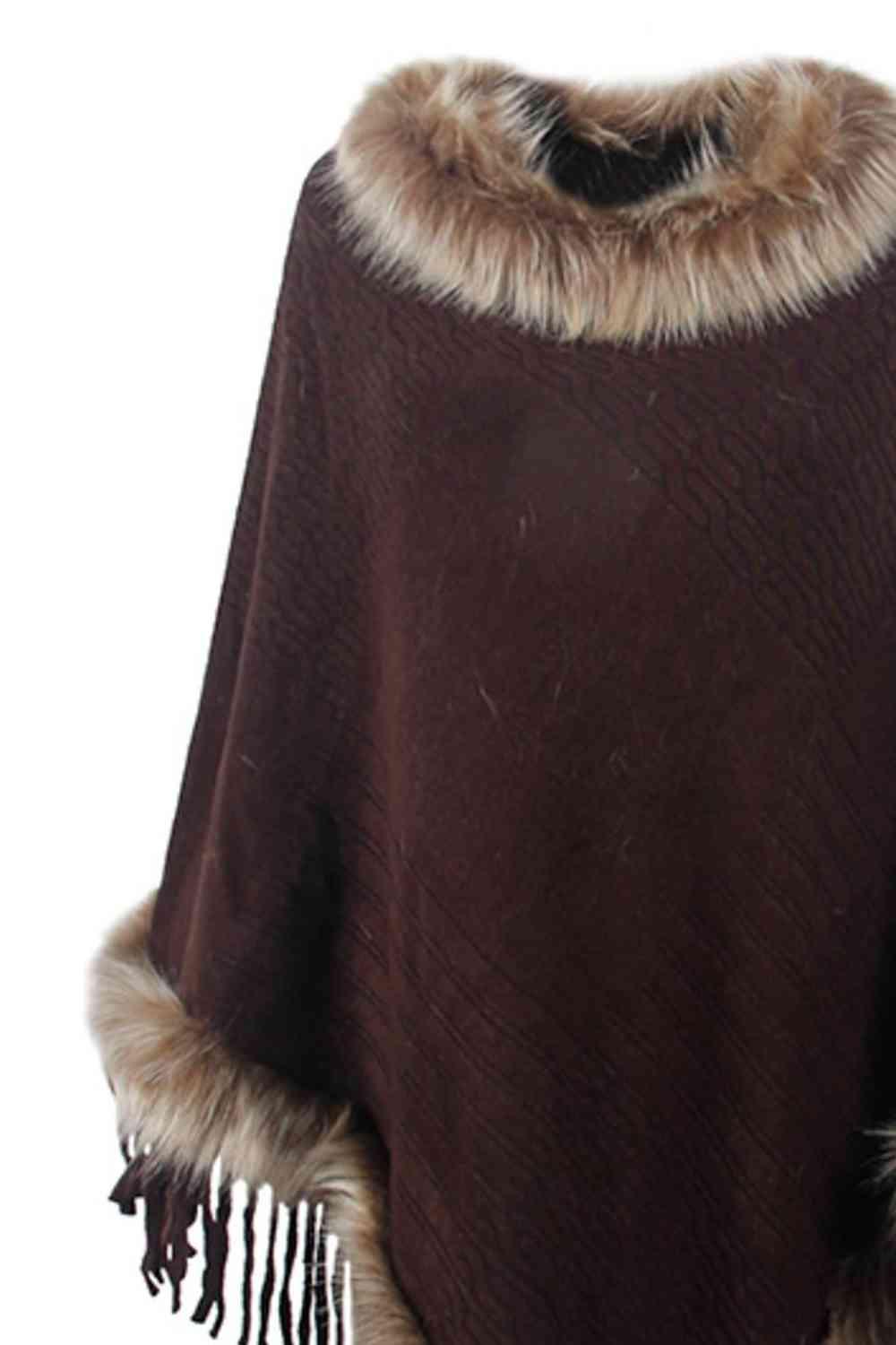 Faux Fur Trim Fringed Poncho - Bona Fide Fashion