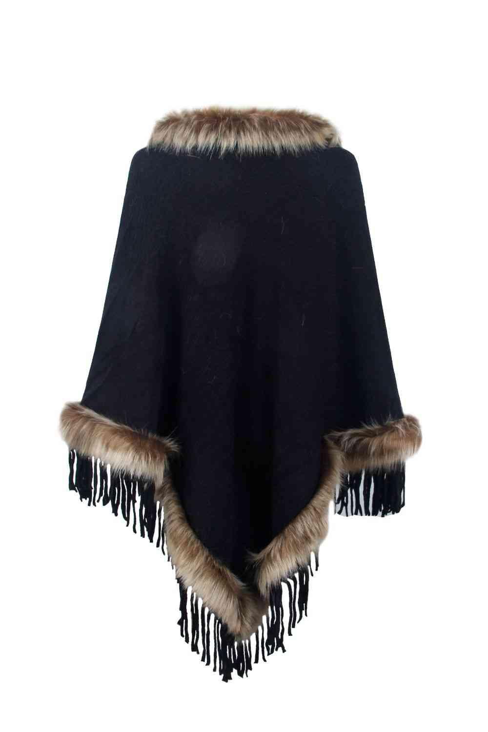 Faux Fur Trim Fringed Poncho - Bona Fide Fashion