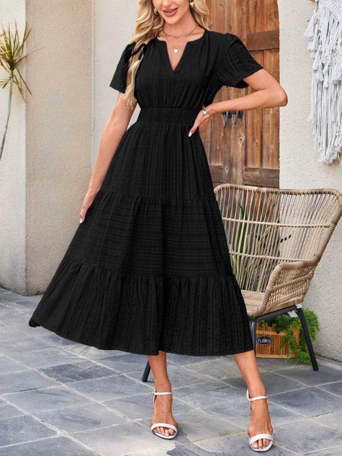 Tiered Notched Short Sleeve Dress - Bona Fide Fashion
