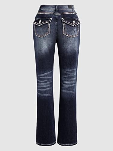 Flamingals Bootcut Jeans for Women Mid Waist Ripped Stretchy Bootcut Pants Jeans Dark Blue XL - Bona Fide Fashion