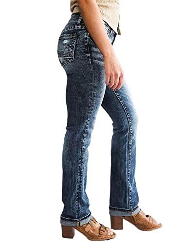 Flamingals Women's Wash Roll Hem Straight Leg Jeans Mid Waist Casual Pants Blue Black L - Bona Fide Fashion