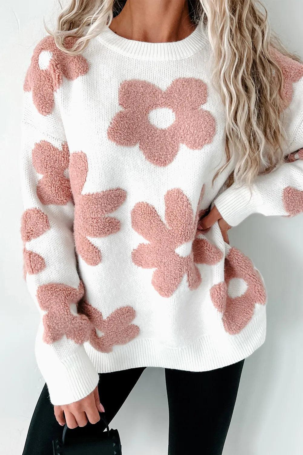 Flower Round Neck Long Sleeve Knit Top - Bona Fide Fashion