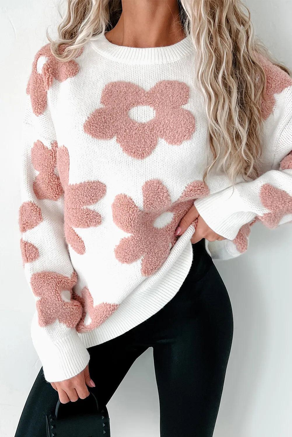 Flower Round Neck Long Sleeve Knit Top - Bona Fide Fashion