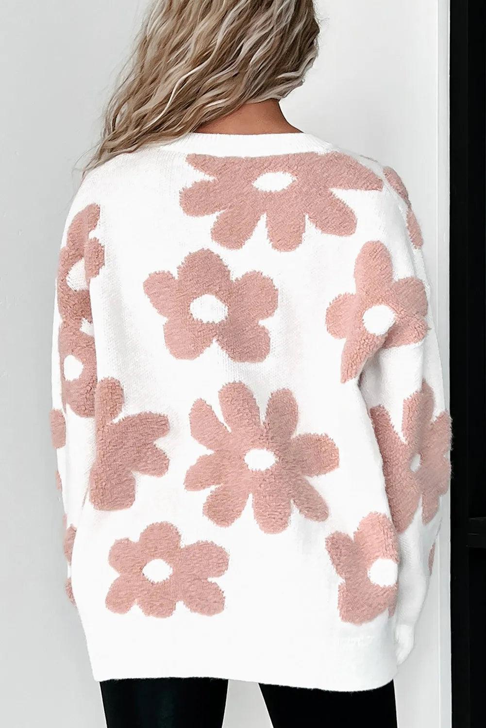 Flower Round Neck Long Sleeve Knit Top - Bona Fide Fashion