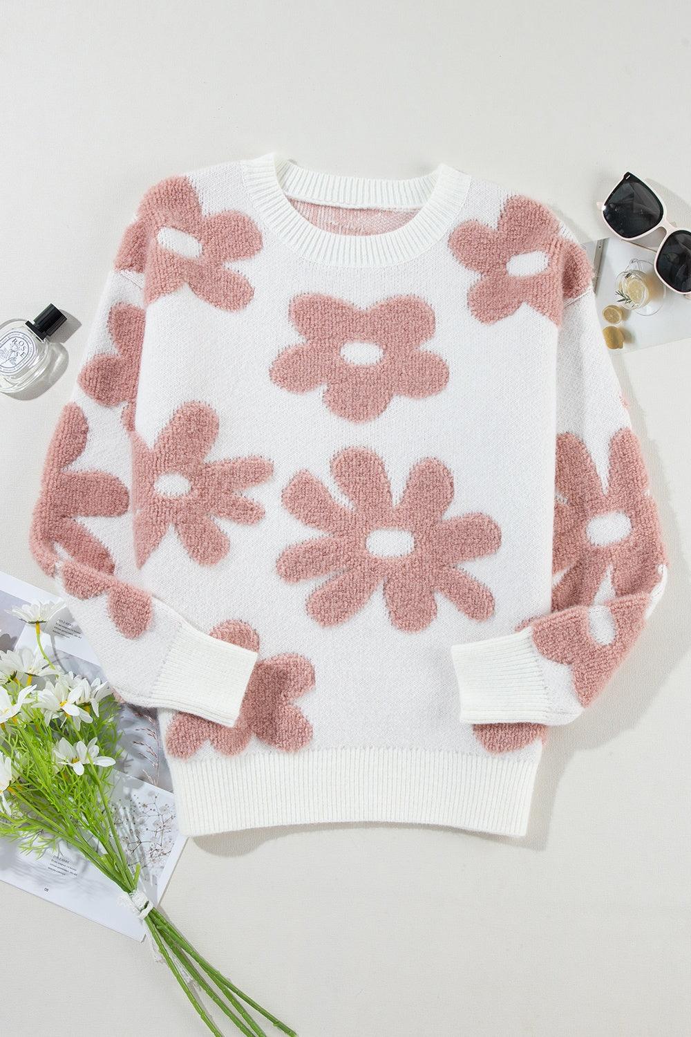 Flower Round Neck Long Sleeve Knit Top - Bona Fide Fashion