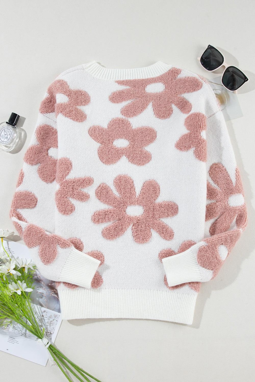 Flower Round Neck Long Sleeve Knit Top - Bona Fide Fashion