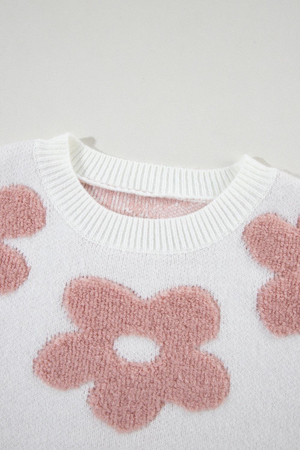 Flower Round Neck Long Sleeve Knit Top - Bona Fide Fashion