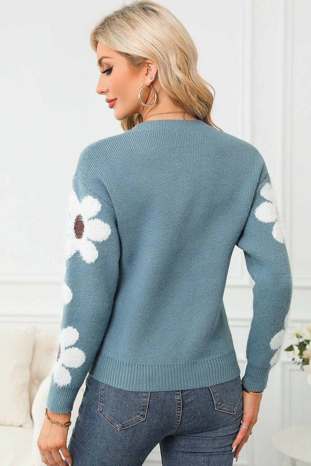 Flower Round Neck Long Sleeve Sweater - Bona Fide Fashion