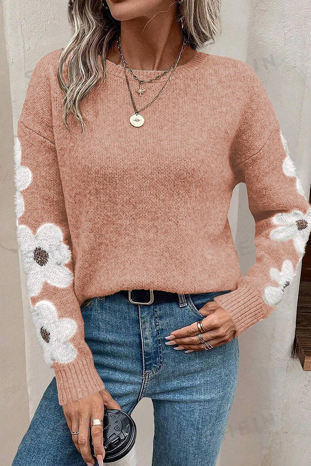 Flower Round Neck Long Sleeve Sweater - Bona Fide Fashion