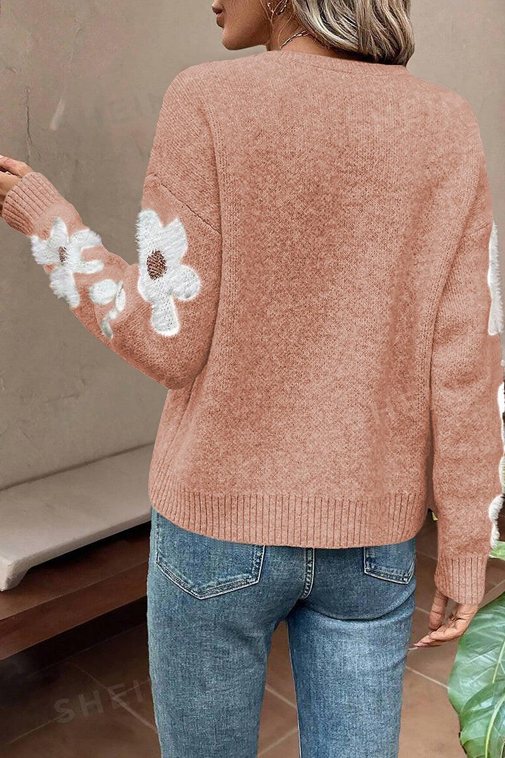 Flower Round Neck Long Sleeve Sweater - Bona Fide Fashion