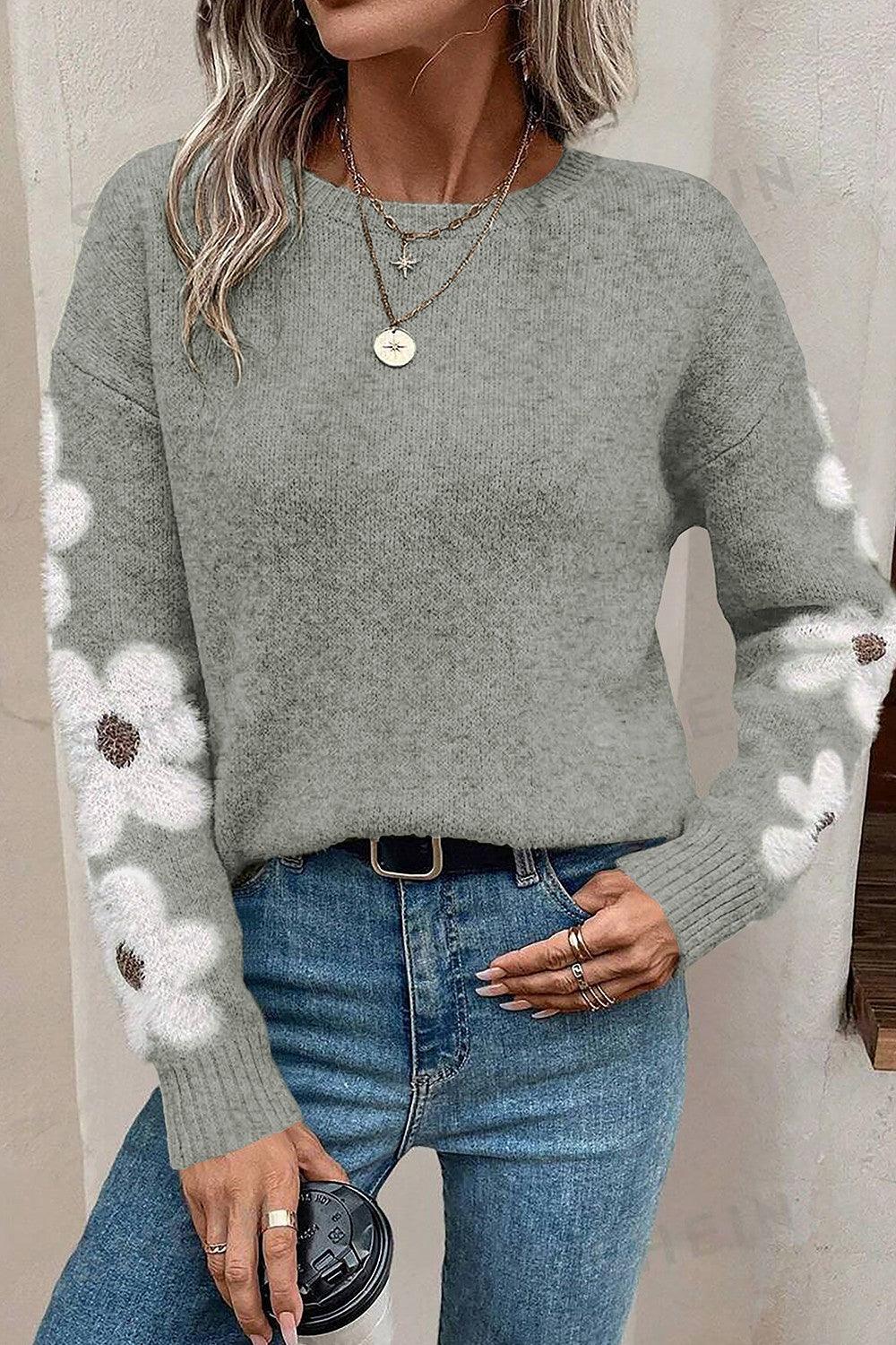 Flower Round Neck Long Sleeve Sweater - Bona Fide Fashion