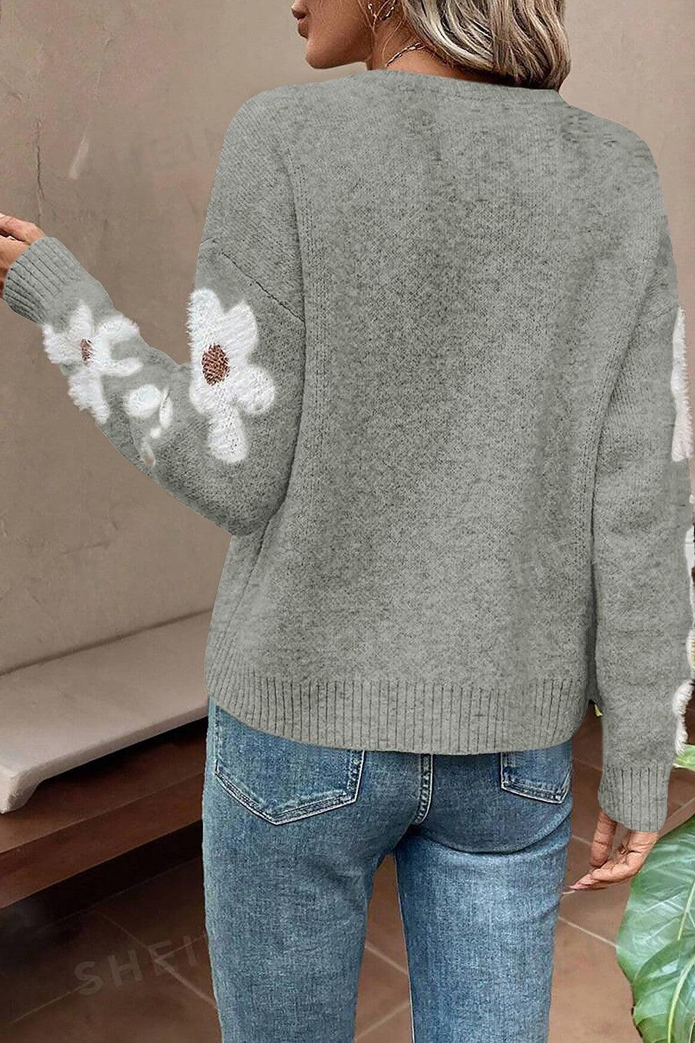 Flower Round Neck Long Sleeve Sweater - Bona Fide Fashion