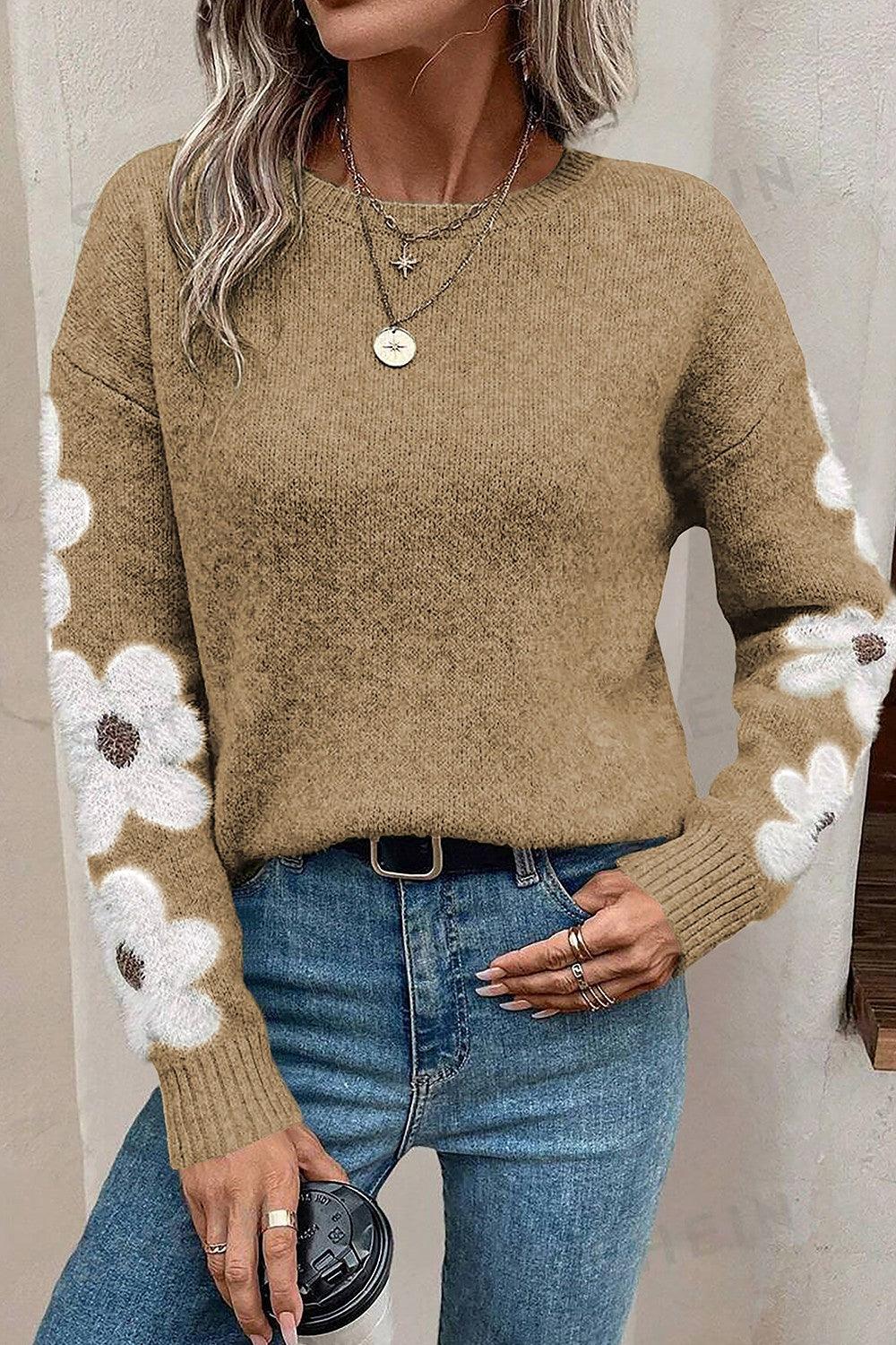 Flower Round Neck Long Sleeve Sweater - Bona Fide Fashion