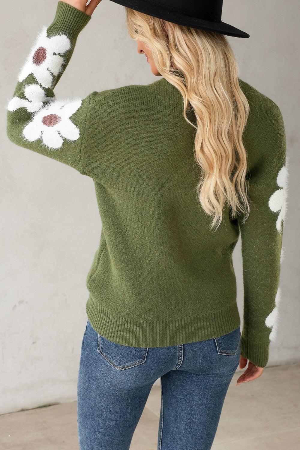 Flower Round Neck Long Sleeve Sweater - Bona Fide Fashion