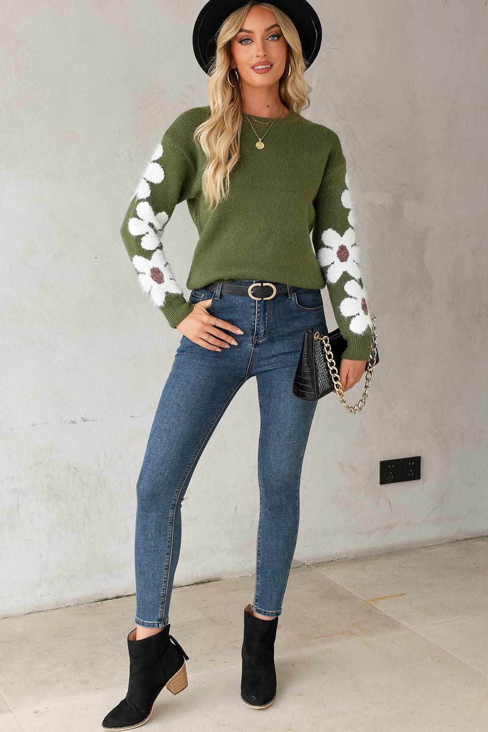 Flower Round Neck Long Sleeve Sweater - Bona Fide Fashion