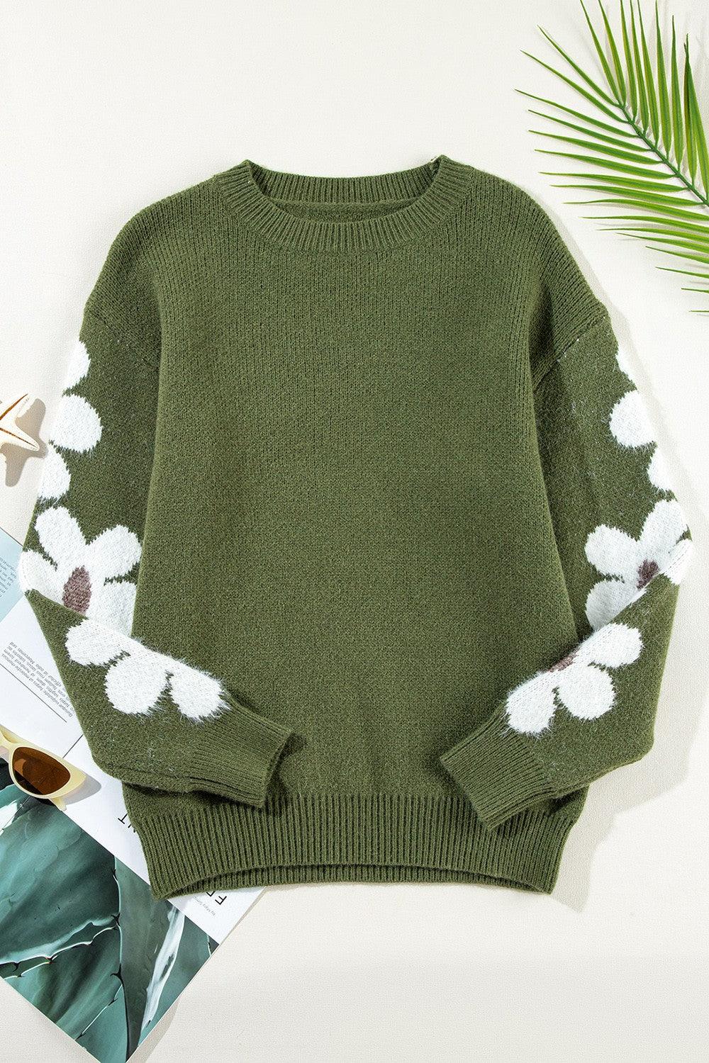 Flower Round Neck Long Sleeve Sweater - Bona Fide Fashion