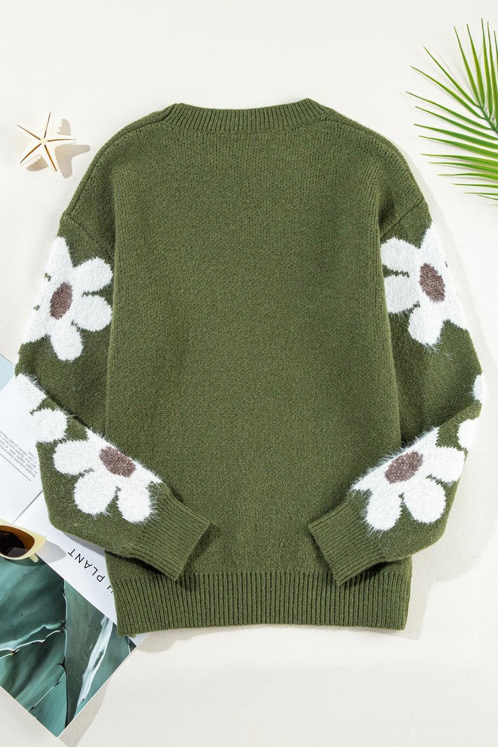 Flower Round Neck Long Sleeve Sweater - Bona Fide Fashion