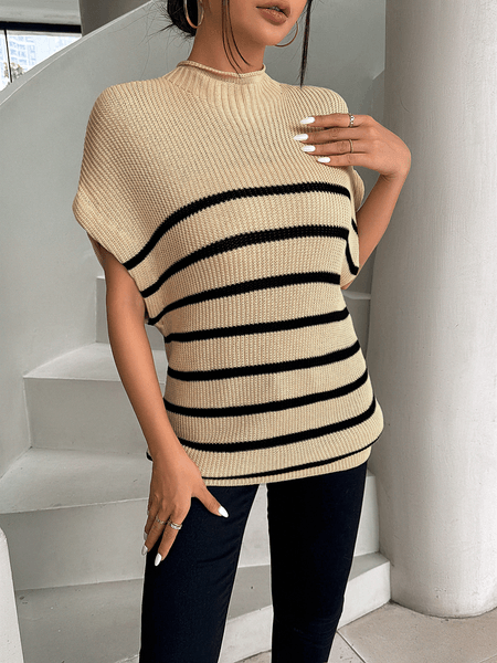 Frenchy Striped Pattern Ribbed Knit Sweater Batwing Sleeve Vest High Neck HY6KKSCARS - Bona Fide Fashion