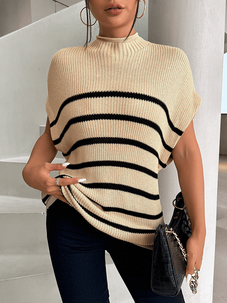 Frenchy Striped Pattern Ribbed Knit Sweater Batwing Sleeve Vest High Neck HY6KKSCARS - Bona Fide Fashion