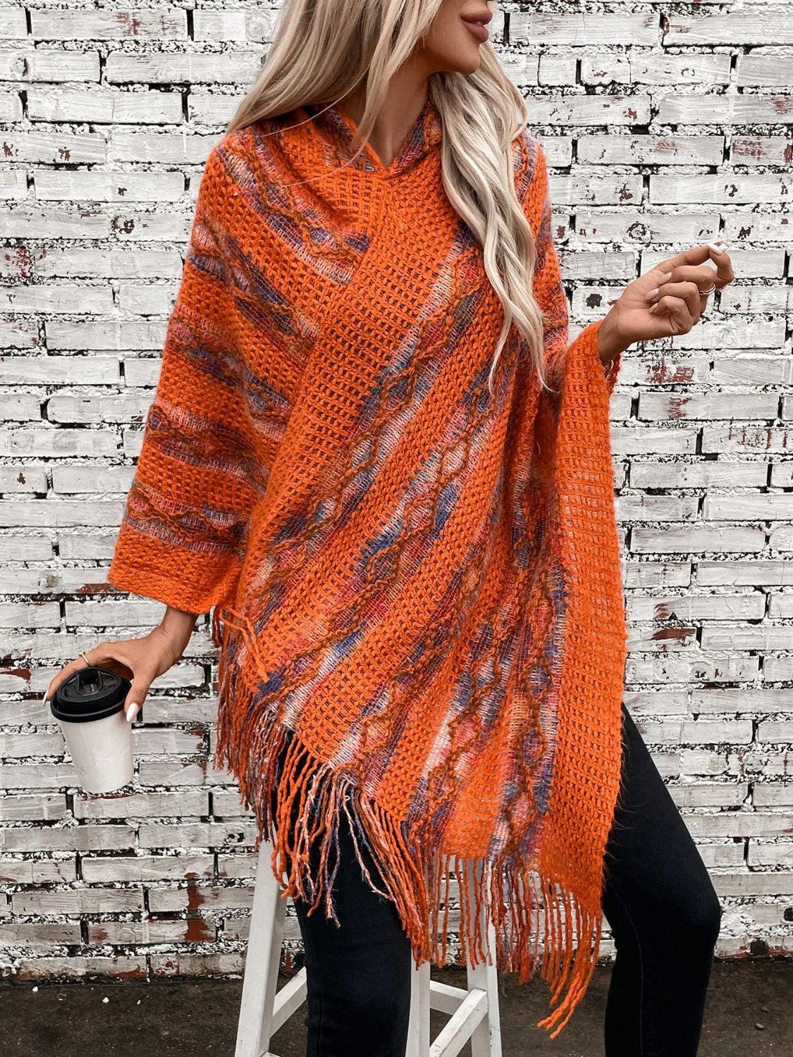 Fringe Contrast Hooded Poncho - Bona Fide Fashion