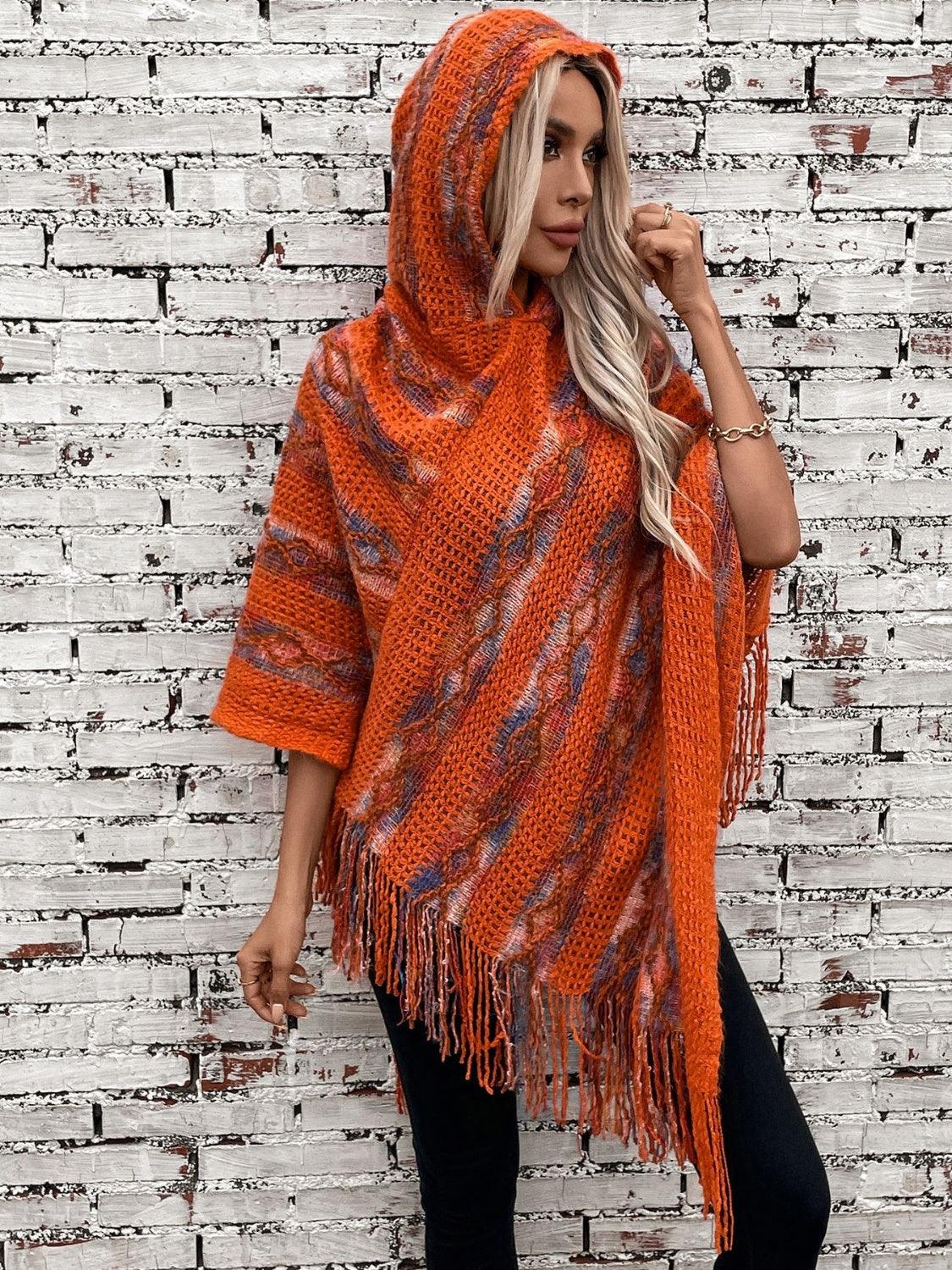 Fringe Contrast Hooded Poncho - Bona Fide Fashion