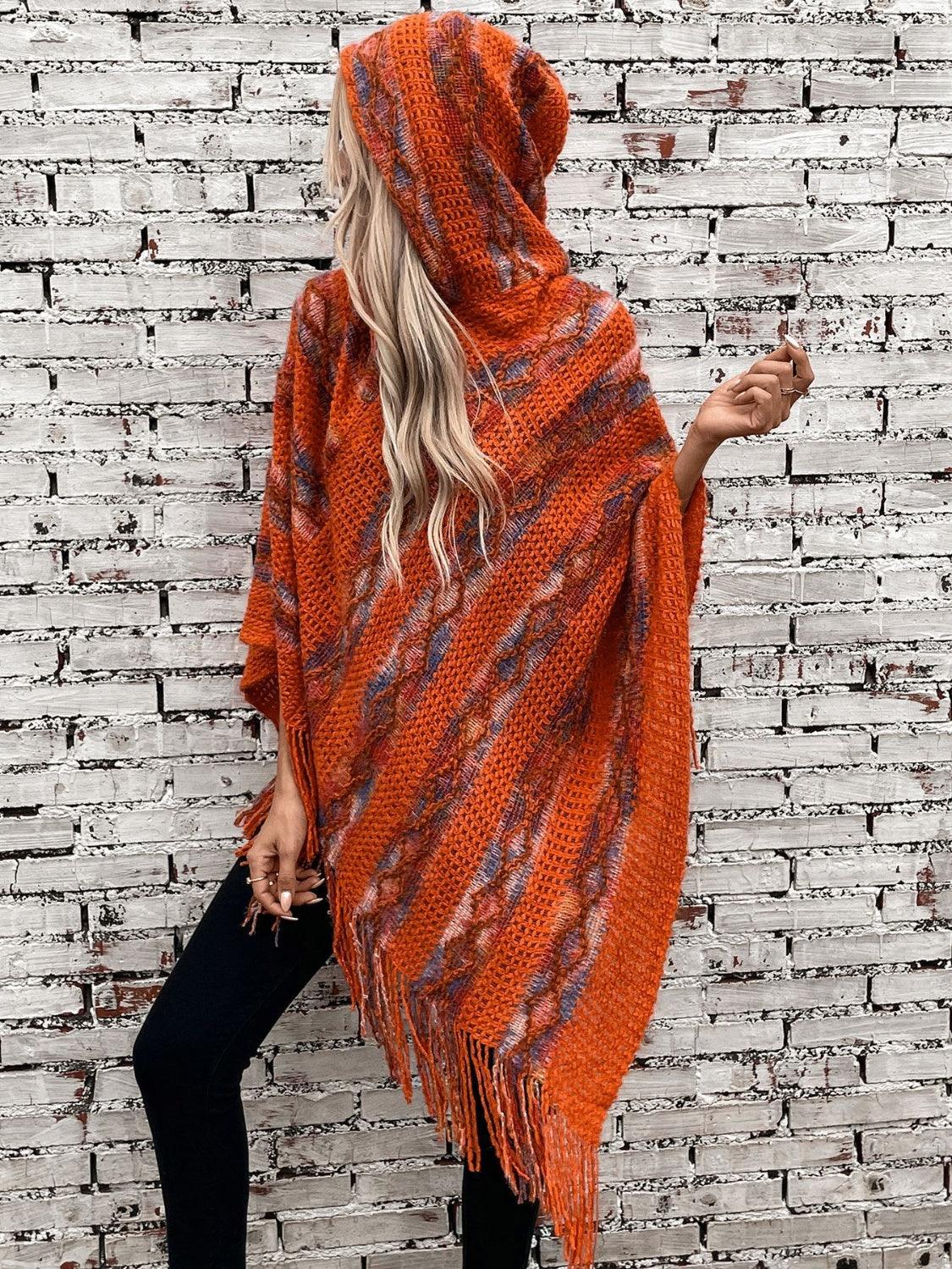 Fringe Contrast Hooded Poncho - Bona Fide Fashion